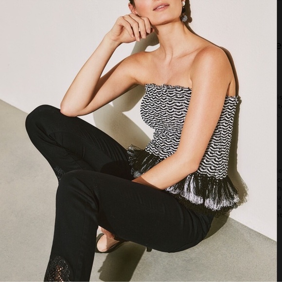 White House Black Market Black White Knit Tassel Fringe Strapless Corset Bustier - Picture 3 of 16